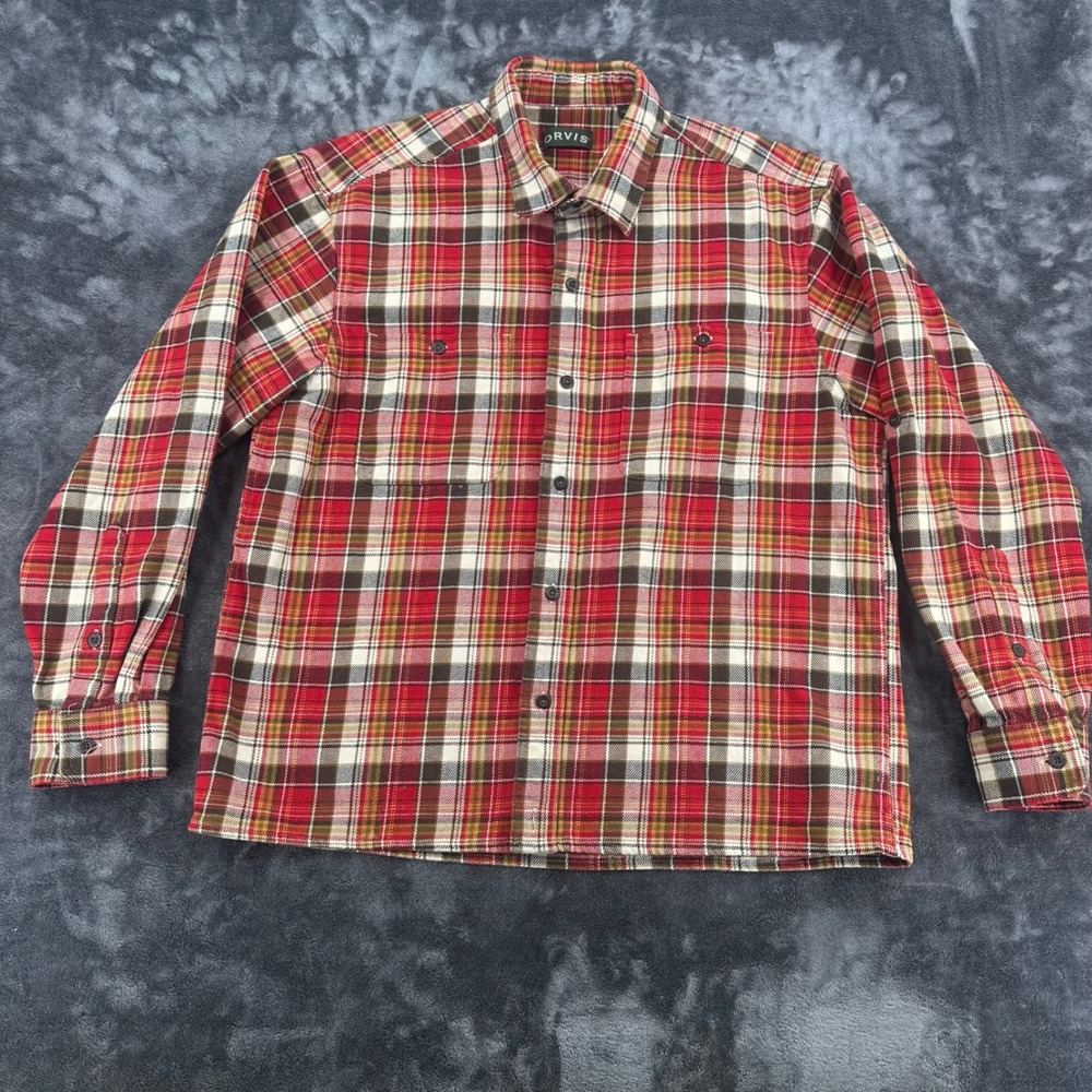 Orvis Mens Red Plaid Flannel Button Down Shirt Large Long Sleeve Outdoors - Picture 2 of 5
